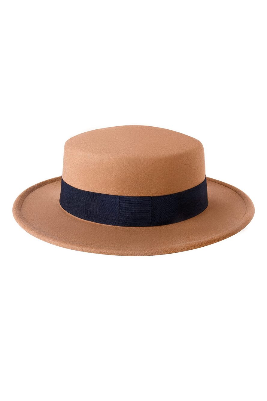 1956 Wide Brim Fedora Flat Top Hat Wool Felt Boater Pork Pie Hat Khaki